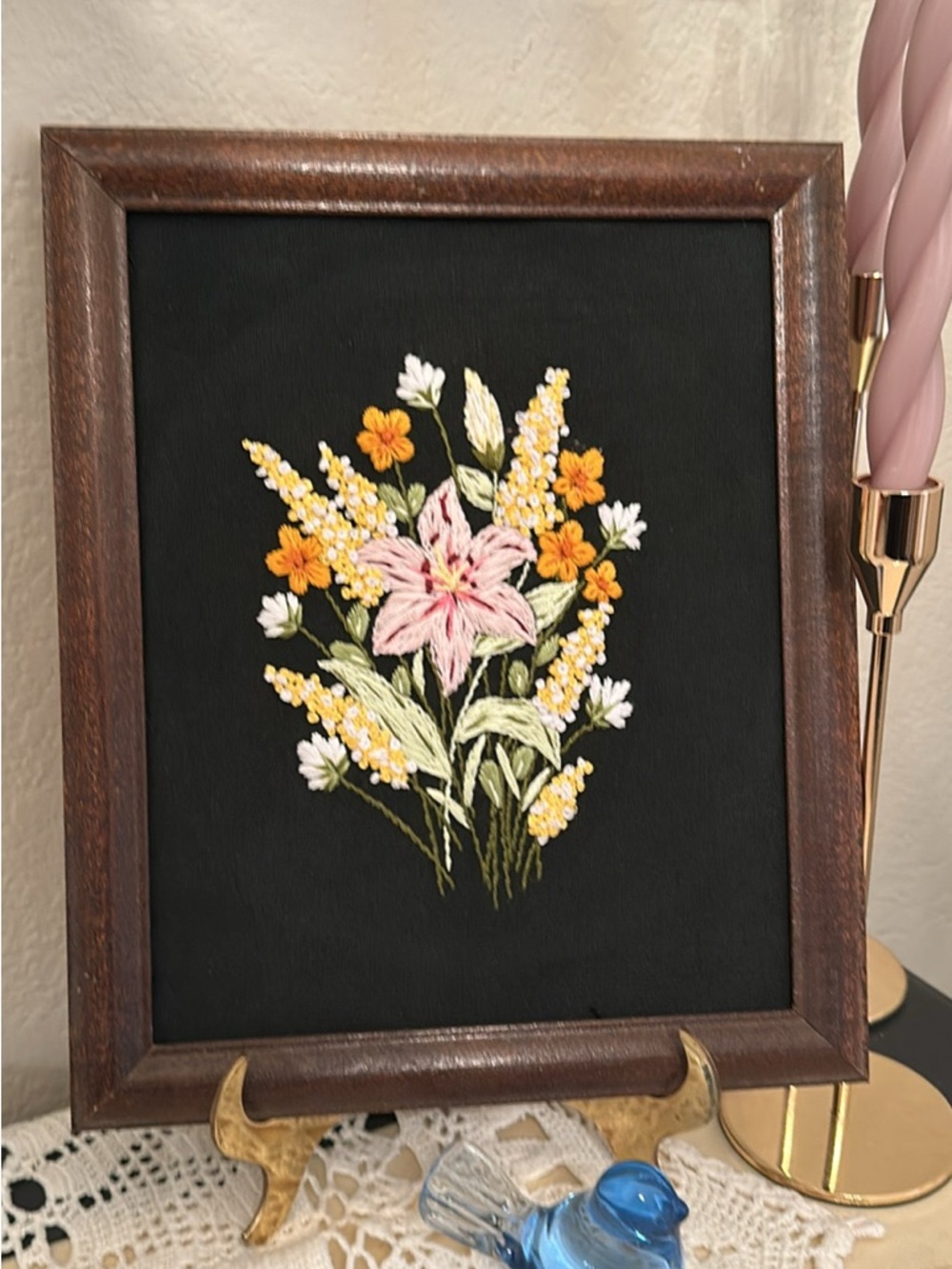 Embroidered Floral Bouquet Wall Art - Pink & Yellow Flowers